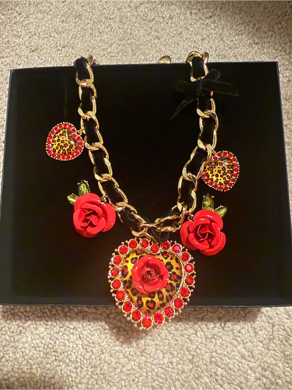 Red Rose & Leopard Heart Statement Necklace - Betsey Johnson